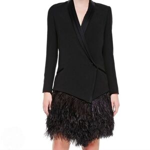 Haute Hippie Tuxedo Blazer Dress Sz 8 Feather Trim Black